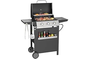 ZVIVOFLA 3 Burner BBQ Propane Gas Grill with Spice Rack, Stainless Steel Patio Garden Barbecue Grill with Two Side Shelves,36,000 BTU Outdoor Barbecue Cooking with Top Cover Lid (3 Burner A)