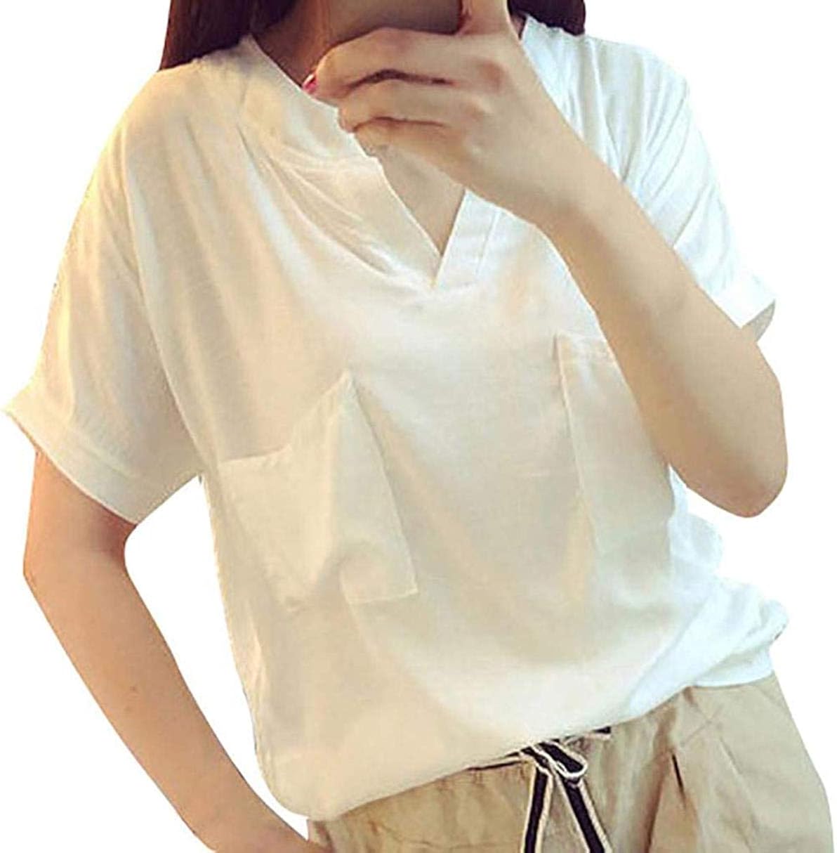 Women's Linen Casual Tops White Short Sleeve Loose Shirt Pure Color