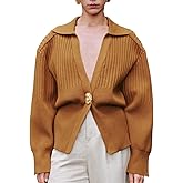 URBAN REVIVO Women's Cardigan V-Neck Lapel Long Sleeve Knitted Cropped Casual Sweater with Metal Button 2025
