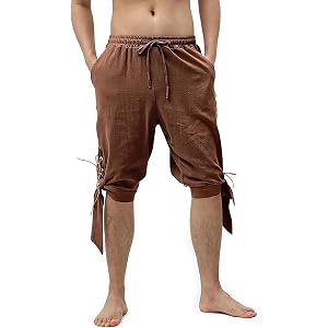 Men's Pirate Shorts Renaissance Viking Solid Cotton Linen Shorts Elastic Waist Medieval Lace-up Banded Knee Length Shorts