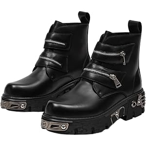 JSDWNDO Mens Combat Boots Round Toe Platform Heel Leather Shoes With Zipper Straps Punk Style Comfortable Non Slip For Party
