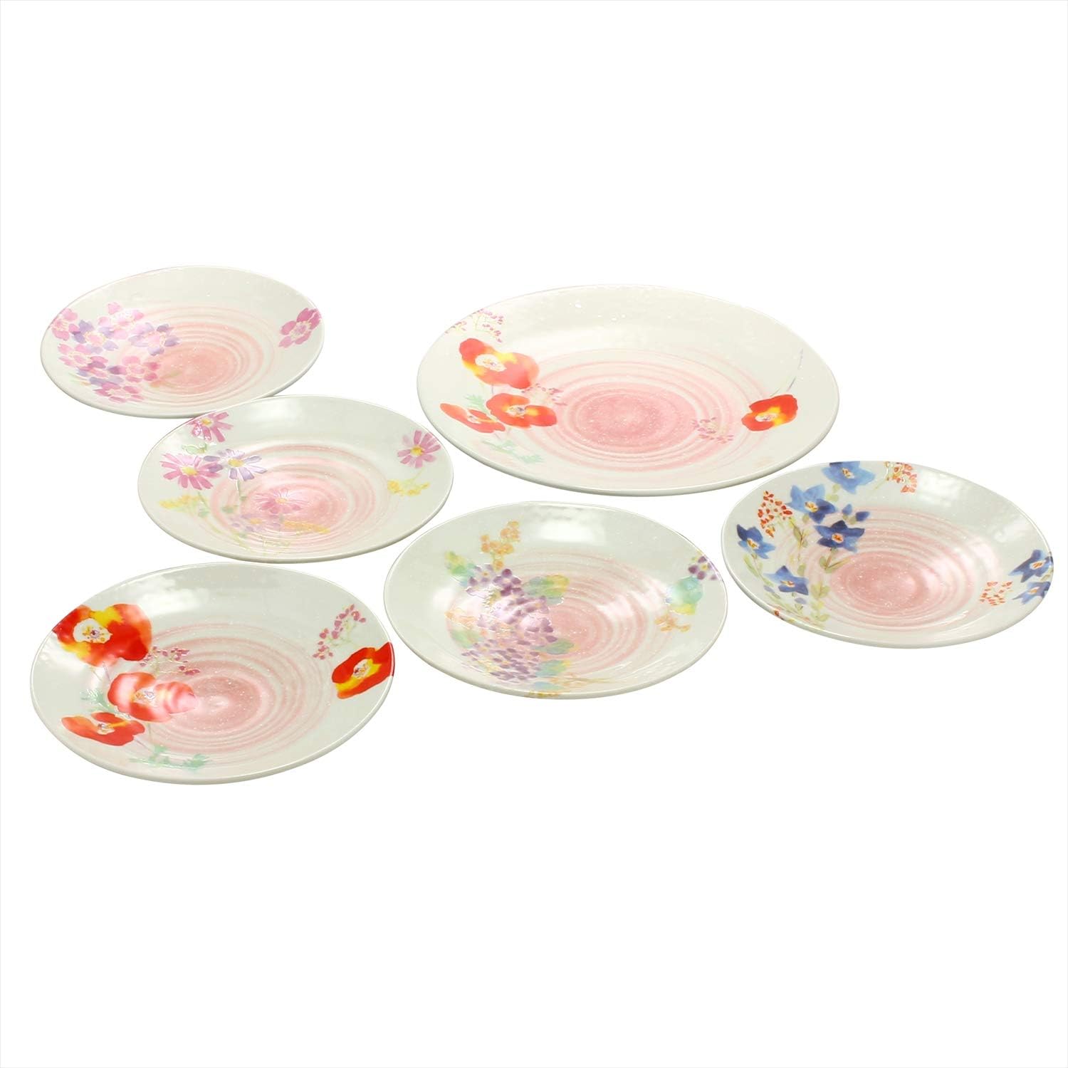 Aitoh [6 pc SET] Japanese Mino-yaki Ceramic Tableware Set - 1 Large Plate & 5 Plates - Bushoan Colorful Flowers 503720