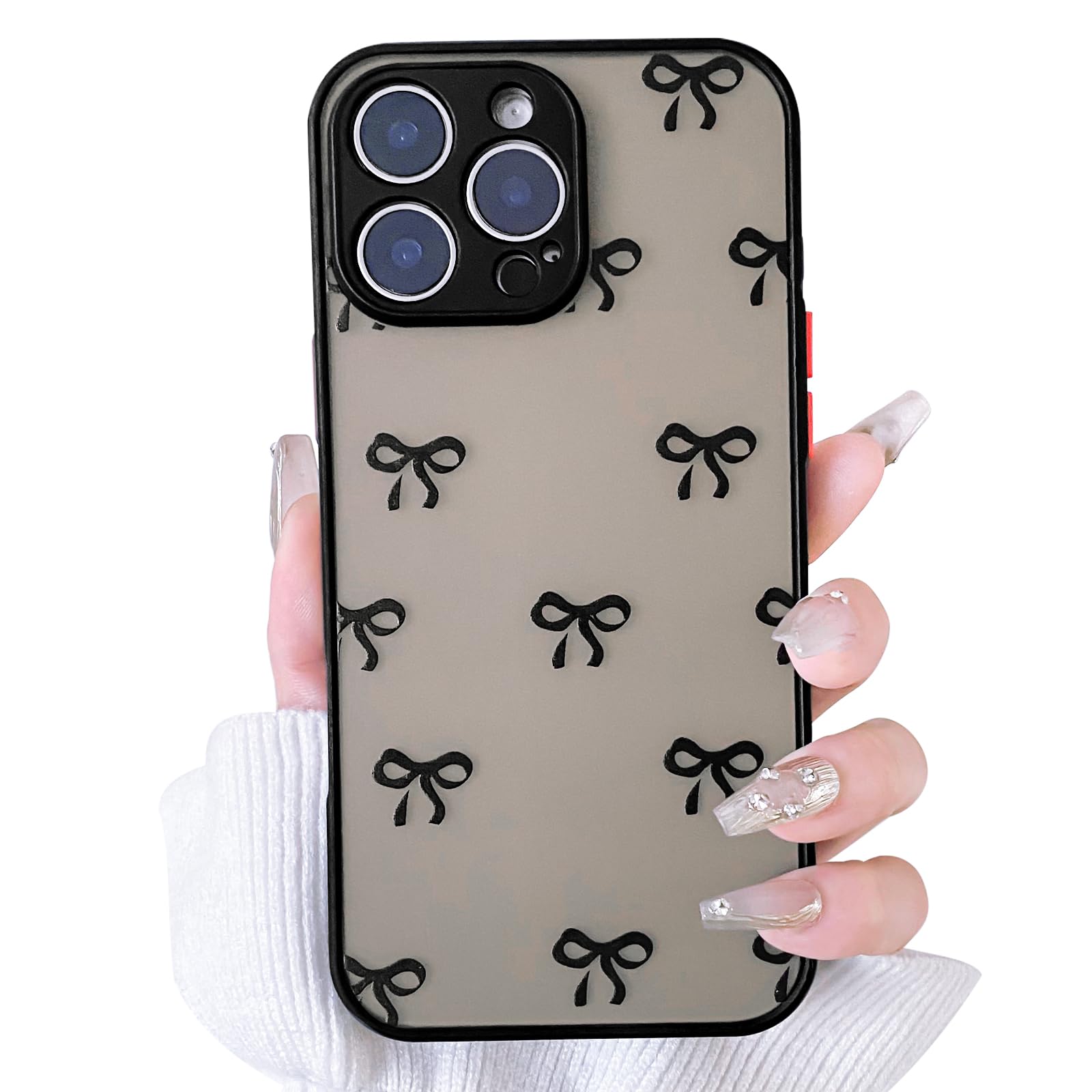 Photo 1 of NITITOP Compatible with iPhone 16 Pro Max Case Cute Aesthetic Bow Ribbon Pattern Matte Clear Women Girl Full Camera Lens Slim Hard PC Shockproof Pritective Cover - Black