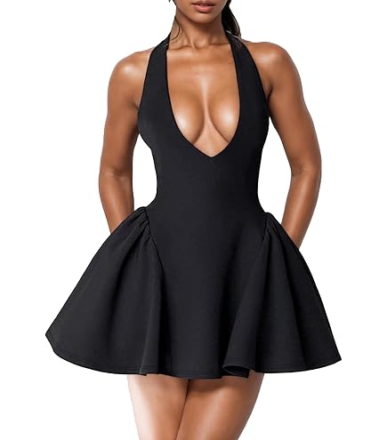 halter bow-front a-line mini dress Yeenily Women's Black Small Bow Tie Deep V Neck Sleeveless Backless Sexy A Line Flowy Club Cocktail Prom Dress at Amazon Women's Clothing store white long sleeve tight Spaghetti-Strap and every RSVP in Dress style:Skirt + Corset + Bolero
