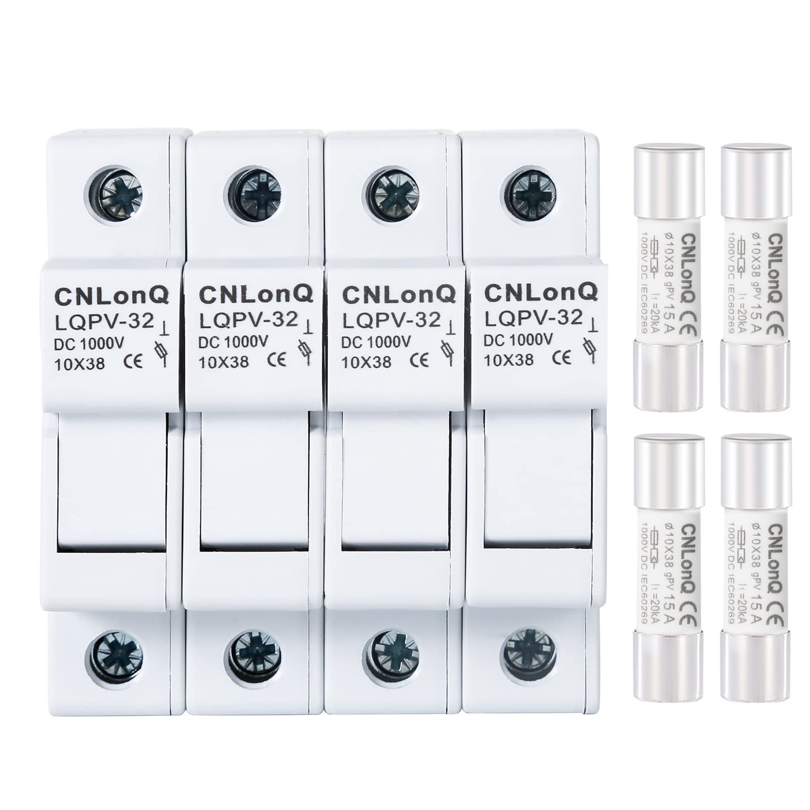 DEWIN Solar PV Fuse Holder, Solar/Photovoltaic Fuse Holder 4pcs Fuse Base With/Without Light RT18-32X 1P DC1000V 10x38mm DIN Rail Mounting (4 without lights + 4 15A fuses)