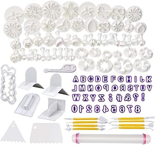 Soleebee 114-Teiliges Fondant Ausstecher Set Ausstechformen für Buchstaben, Zahlen, Rose Blume Formen Set Fondant Werkzeuge Auswerfer Stempel Modellierwerkzeug für Torten Deko