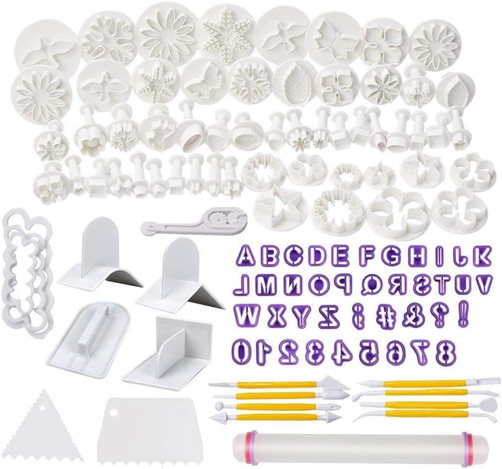 Soleebee 114-Teiliges Fondant Ausstecher Set Ausstechformen für Buchstaben, Zahlen, Rose Blume Formen Set Fondant Werkzeuge Auswerfer Stempel Modellierwerkzeug für Torten Deko