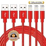 Suanna iPhone Cable 3Pack 10FT Nylon Braided Certified Lightning to USB iPhone Charger Cord for iPhone 8 7 Plus 6S 6 SE 5S 5C 5, iPad 2 3 4 Mini Air Pro, iPod Nano 7 - Red