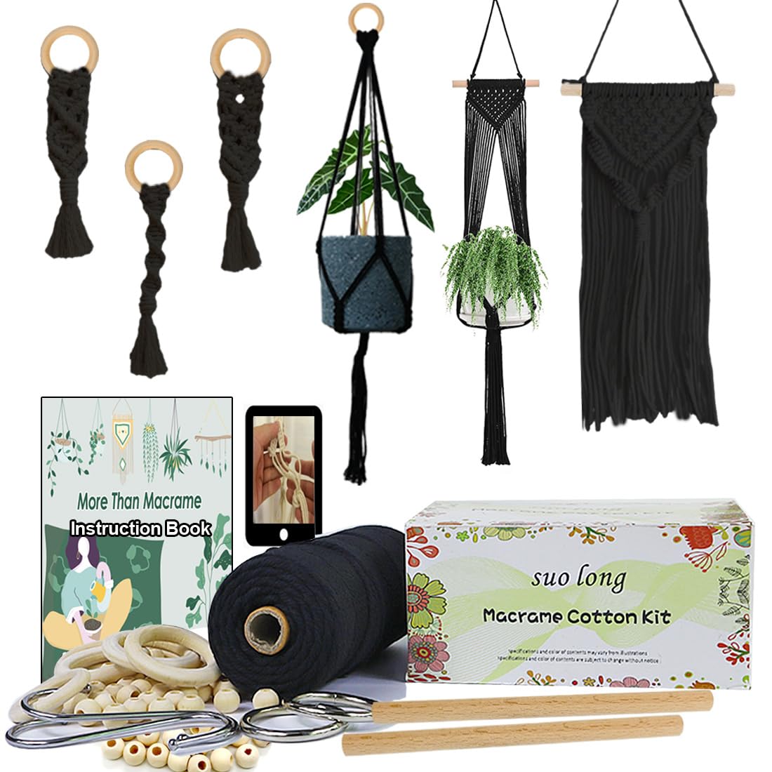 Suo Long Macrame Kit for Adults Beginner with 3mm Macrame Cord Black Instructin Book & Online Tutorails Metal Ring Wooden Ring Wooden Beads Wood Sticks DIY Craft Kits to Make Wall Hanging Plant Hanger