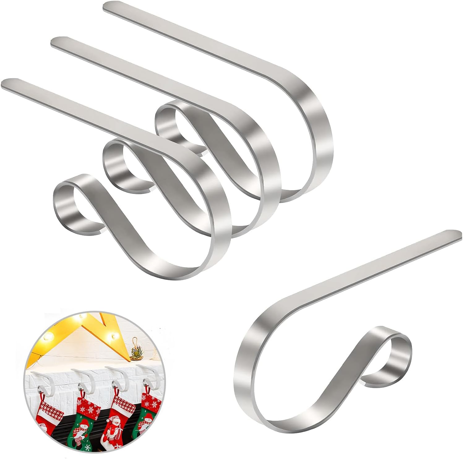 Ornament Hooks - Christmas Stocking Holders for Mantle Set of 4, Lightweight Adjustable Christmas Stocking Holder Hooks Metal Fireplace Hanger for Christmas Party Decoration, Non-Slip Mantle Stocking Hooks(Silver)