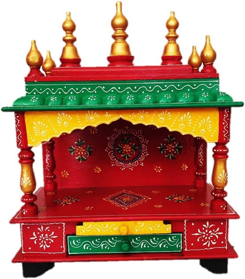 Mereappne Beautiful Wooden Temple Pooja Mandir for Office & Home for Size L- 15 X W- 8 X H-18 Inches Red, Yellow & Green