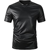 WDIRARA Men's PU Leather Short Sleeve T-Shirt V-Neck Ruched Party Top