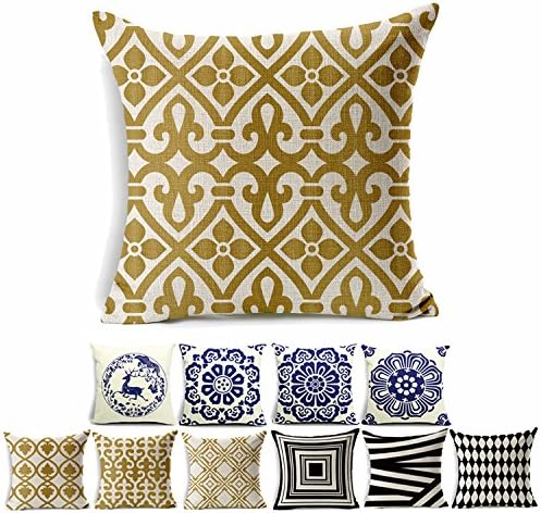 Cotton Linen Square Shams Decorative Throw Pillow Cover Cushion Case (Dark Gold Pattern 001)Set of 1 Hidden Zippered for Sofa,Couch,Bed and Chair Fit 18x18 Inserts