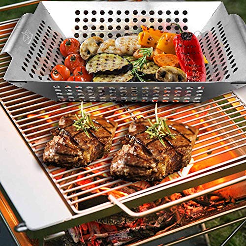 GRILLART Grill Basket for Vegetables & Meat - Large Grill Wok/Pan for the Whole Family - Heavy Duty Stainless Steel Veggie Grilling Basket Built to Last - Best BBQ Accessories for All Grills & Smokers
