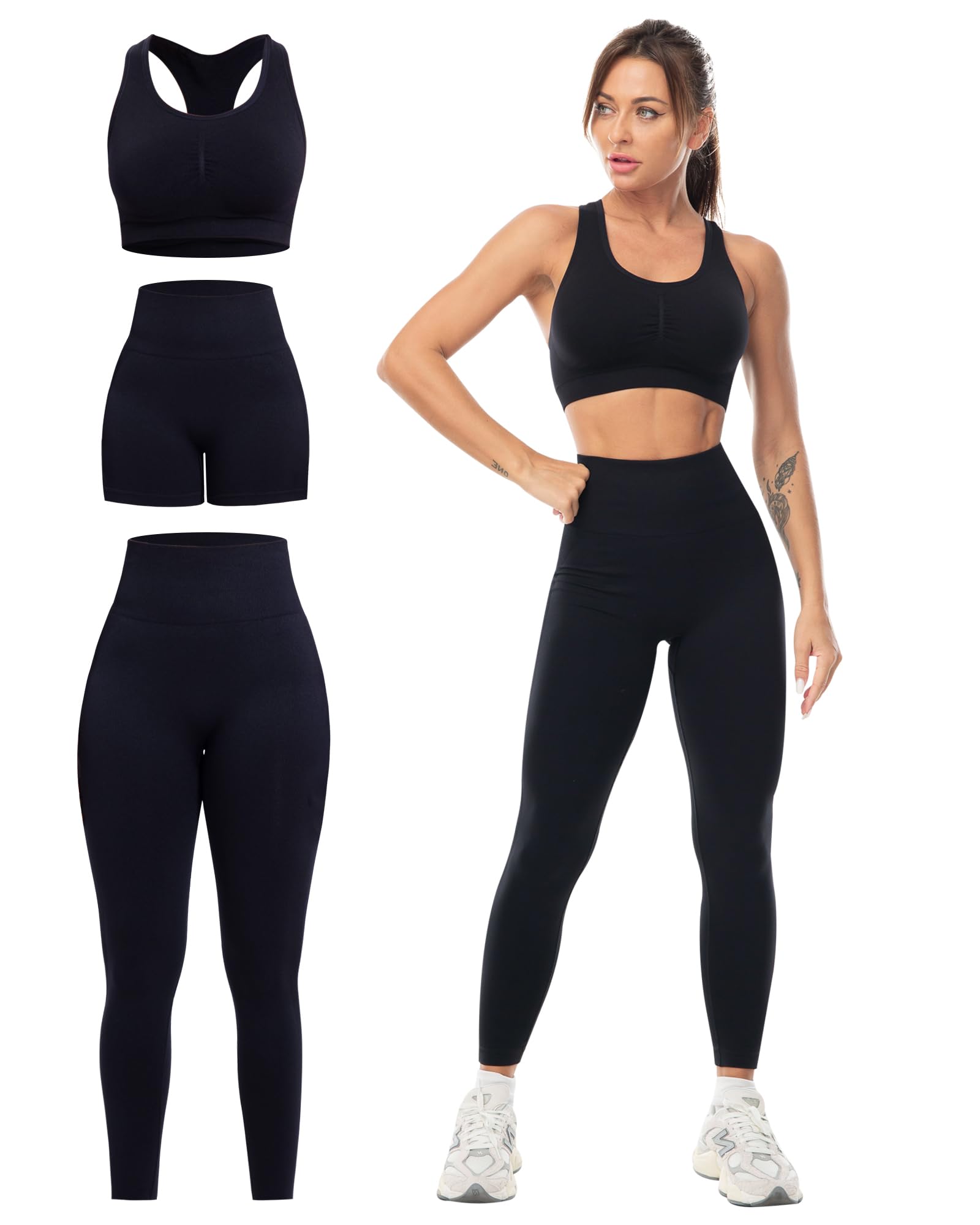 Photo 1 of SALSPOR 3 Piece Workout Sets for Women Butt Lifting Leggings with High Impact Sports Bra Gym Shorts Activewear Matching Set(3DWX-Black-M)