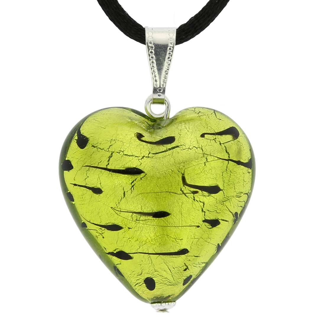 Glass Of Venice Murano Glass Heart Pendant - Spotted Silver Green