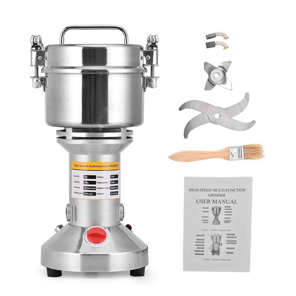 HUKOER 500g/1.1lb Portable Grain Grinder 220V Herb Grain Mill Grinder Flour Grinder, 3 Blades Timing Grinding Machine Seed Grinder Mill