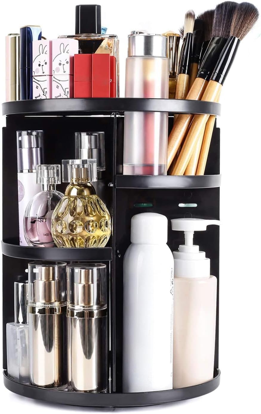 Photo 1 of 360 Rotating Makeup Organizer,DIY Adjustable Spinning Holder,Foldable Cosmetic Storage Display Cases,Large Capacity Make up Caddy Shelf,Fits Countertop Vanity and Bathroom,Black