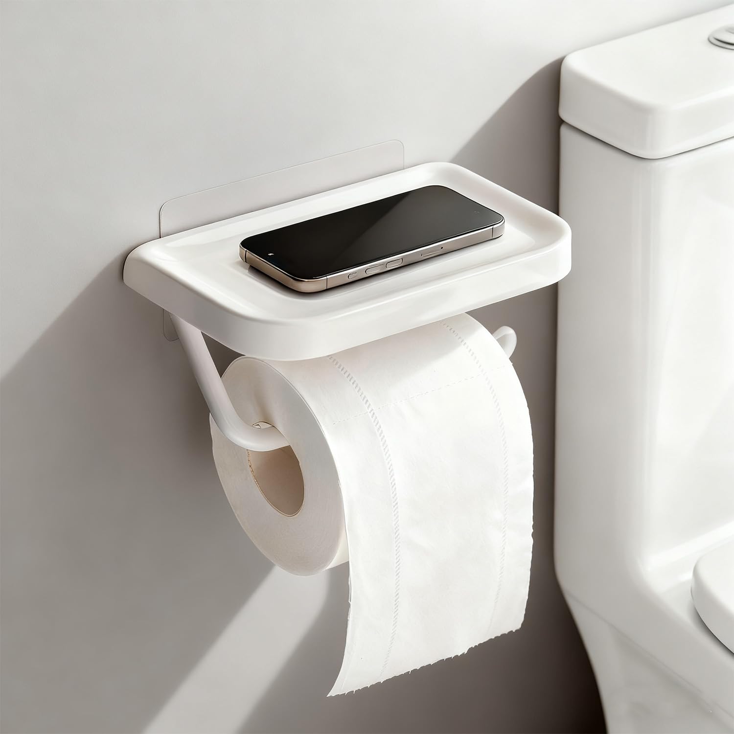 Photo 1 of Self Adhesive Toilet Paper Holder with Shelf, No Drill Wall Mounted Bathroom Tissue Holder, Sticky TP Roll Holder with Phone Shelf for RV, White