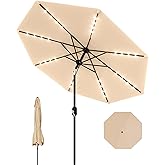 GarveeLife 9 ft Patio Umbrella with Solar Lights, 8 Ribs Outdoor Market Table Umbrella with 32 LED Lights & Tilt Crank for Pool, Deck, Backyard, Tan