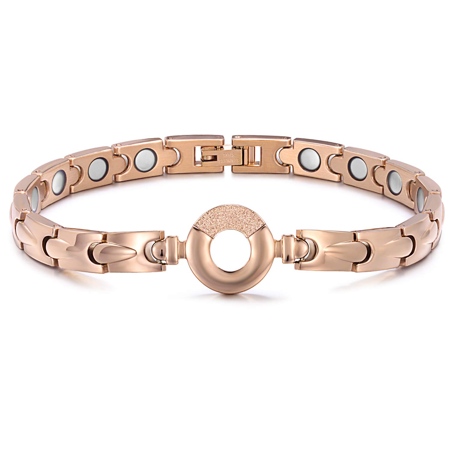 RainSo Rose Gold Stainless Steel Magnetic Bracelet for Women - Czech Crystal Key Adjustable Jewellery | Luxury Gift Box Presentation with Removal Tool