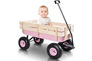 ME2 All Terrain Wagons for Kids Wagon with Removable Wooden Side Panels Garden Wagon Cart Heavy Duty with Steel Wagon Bed Folding Wagons for Kids/Pets Ideal Gift for Kids for Halloween Christmas, Pink