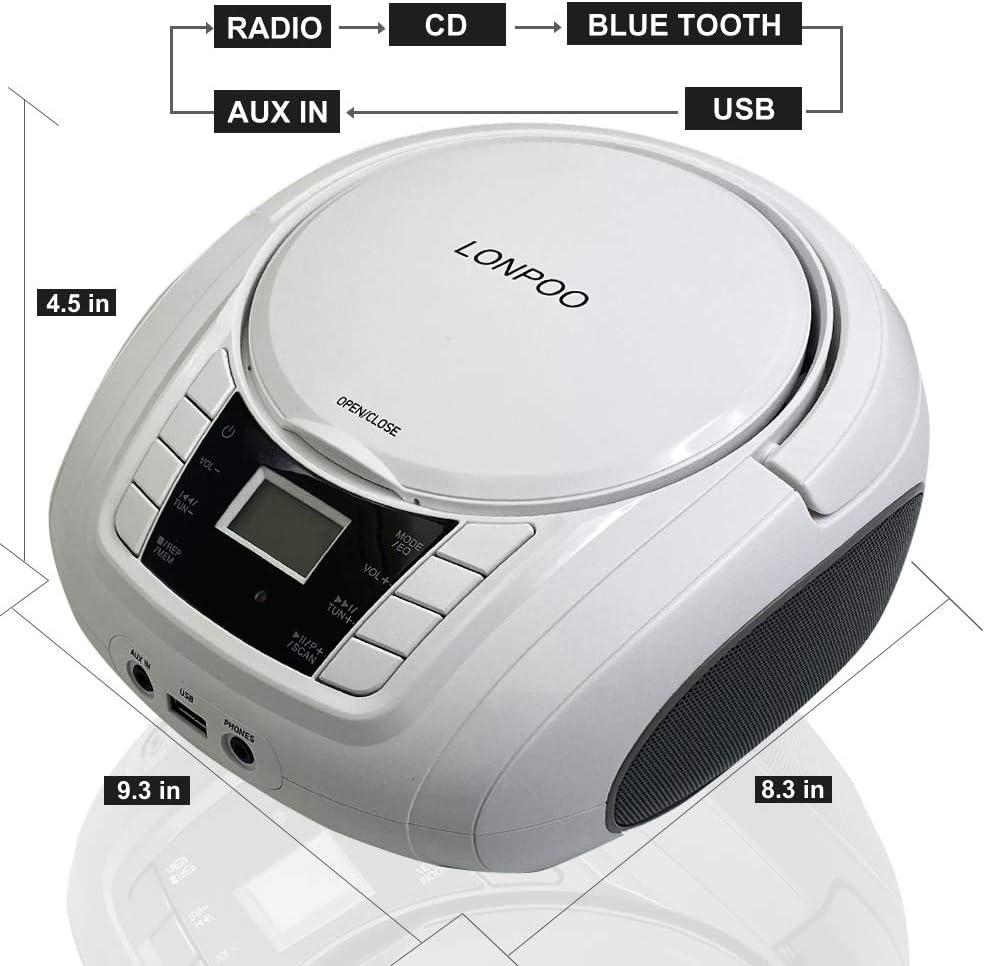 LONPOO Kids CD Player Portable Boombox with Bluetooth, FM Radio, 3.5mm