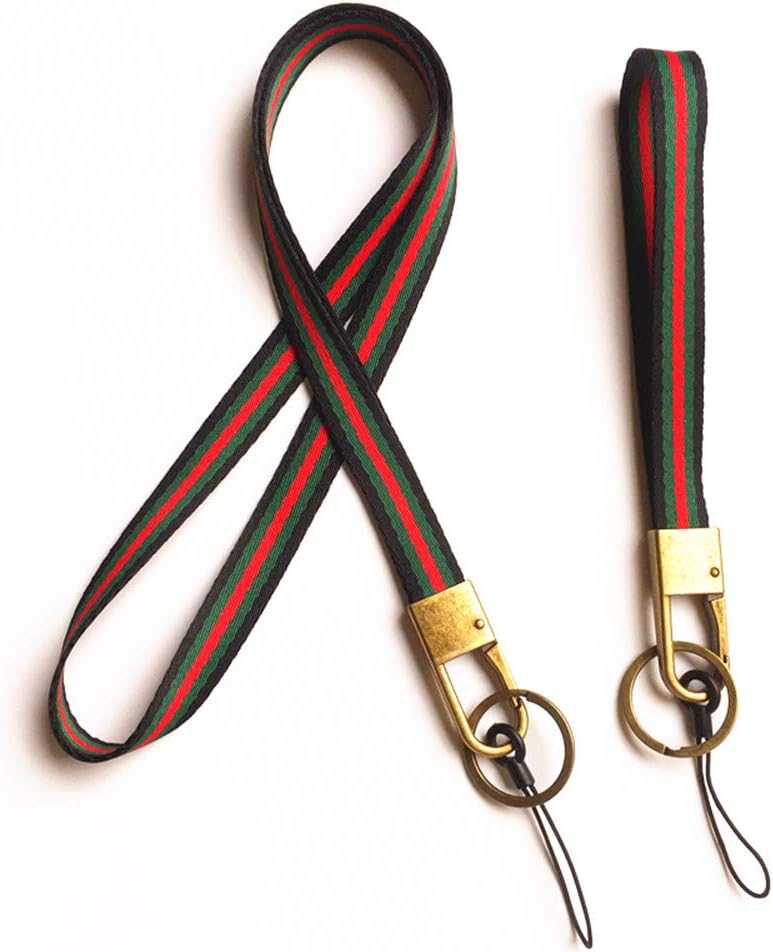 Lanyard Home Flat Stripe Yarn Dyed Neck Lanyard Long Strap and Wrist Strap for Cell Phone,Keychain Etc,with Bronze Hook & Key Ring.1 Set Contains 1 Neck Strap and 1 Wrist Strap(Black/Green/Red)