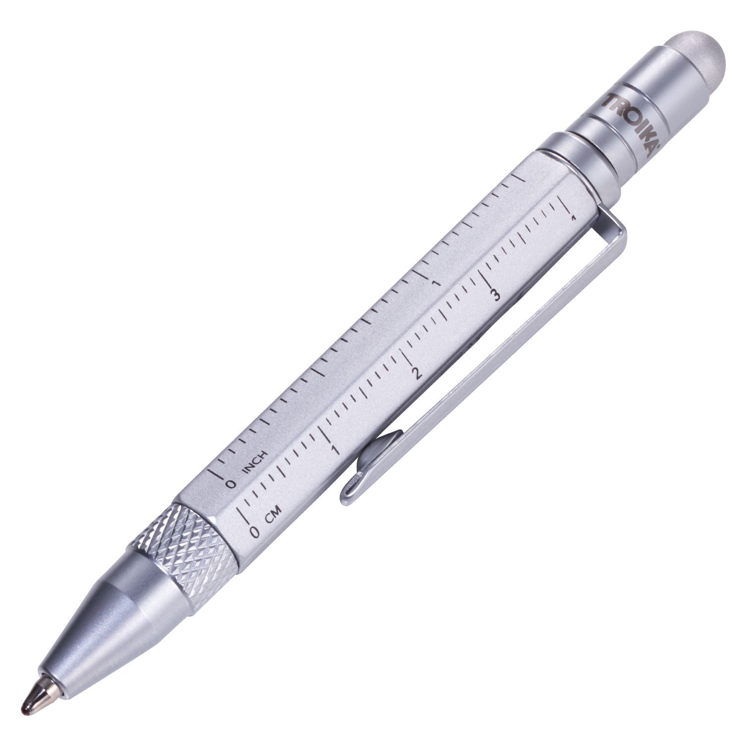 TROIKA CONSTRUCTION LILIPUT - PIP25/SI - Bolígrafo multitarea (pequeño) - Bolígrafo para herramientas - Regla en centímetros/pulgadas - Destornillador ranurado/Phillips - Lápiz óptico (plateado) Original