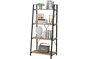 BON AUGURE Farmhouse Ladder Shelf Bookcase, 4 Tier Rustic Ladder Bookshelf, Standing Leaning Book Shelves for Living Room (Vintage Oak)