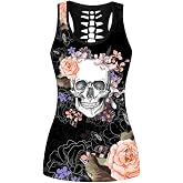 Sister Amy Women's Skull Print Hollow Out T-Shirt Crew Neck Plus Size Tank Top