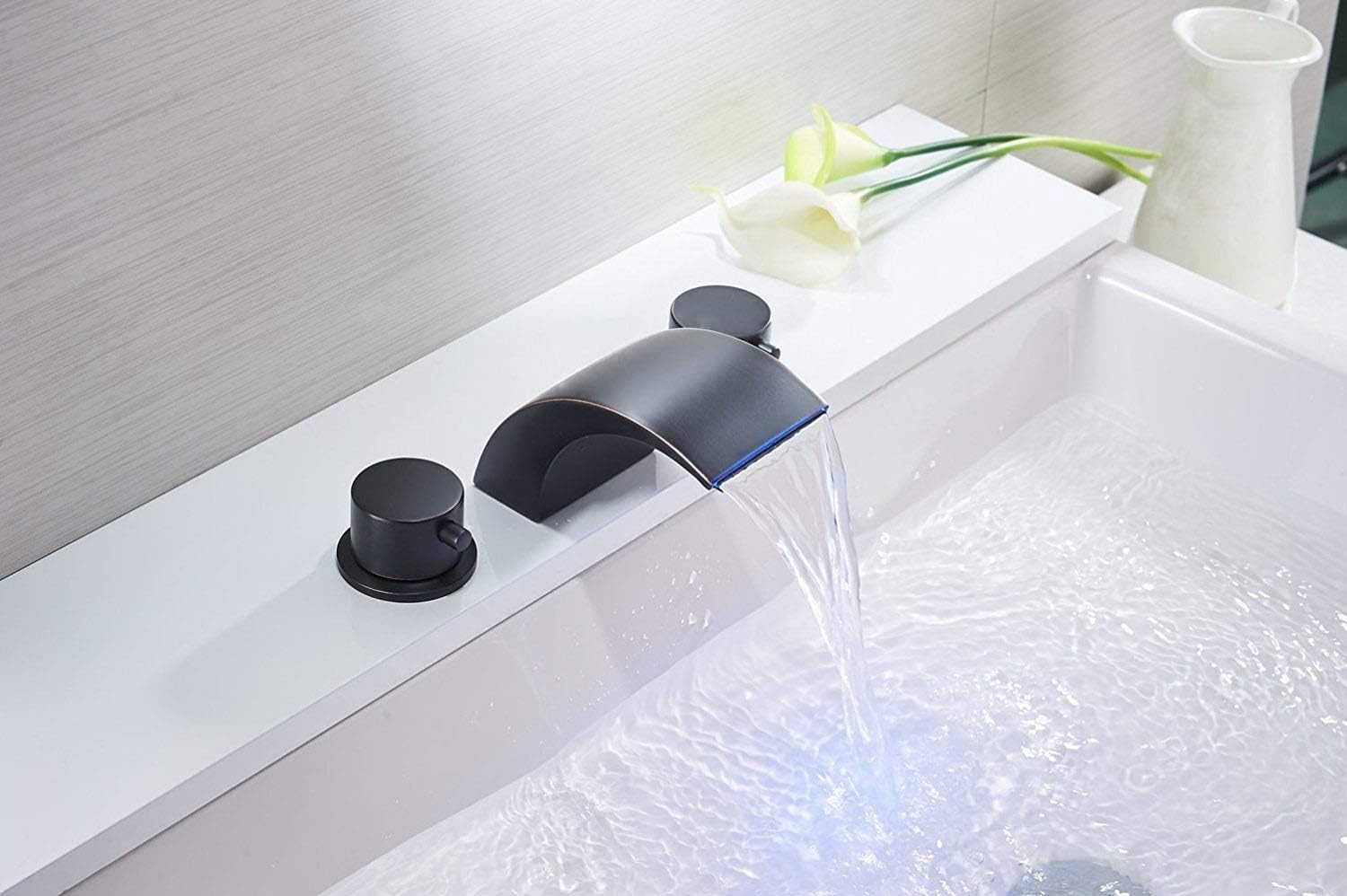 Homevacious Widespread Bathroom Sink Faucet Led Light Waterfall Oil Rubbed Bronze Bath Tub Garden 8-16 inch 2 Handles 3 Holes Black Commercial Lavatory Faucets Modern Contemporary Basin Mixer Tap - - 