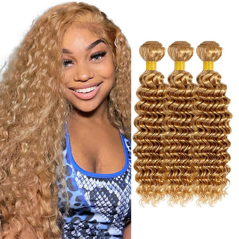 #27 Blonde Bundles Human Hair Blonde Deep Wave Bundles 30 32 34 Inch Honey Blonde Deep Wave Bundle Human Hair Extensions Brazilian Virgin Hair 3 Bundle 50 Gram Per Bundle at Amazon