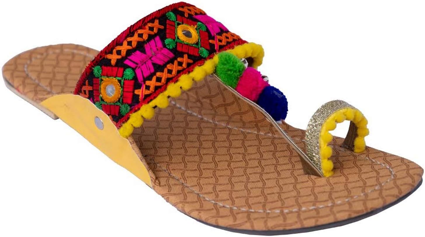 FEMMECRAFTS Black Foam & Silk Embroidered Kolhapuri Chappal/Slippers for Women