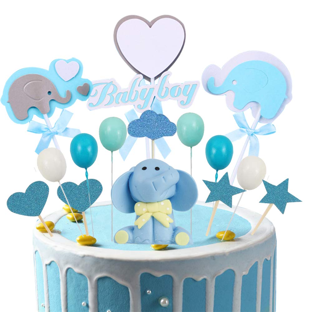 Witgift 41 Pieces Baby Shower Cake Decorations, Boy Elephant Baby Boy Balloon Stars Cake Decorations,Birthday Cupcake Cake Sticks for Baby Shower Children's Birthday Cake Topper