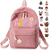 Personalized Backpack for Girls/Boys, Custom Corduroy School Bag with Cotton Rope Embroidery Name, Back to School Bag Gifts for Kids, Children Birthday/Christmas Gift