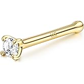 BodyBonita 14K Solid Gold Plated Nose Rings - Twist/Bone Style Nose Stud 18G 20G Screw Shaped CZ Post Hypoallergenic Piercing Jewelry Rings Women Men 3 mm/2 mm/1.5 mm Cubic Zirconia 7 mm Bar Length
