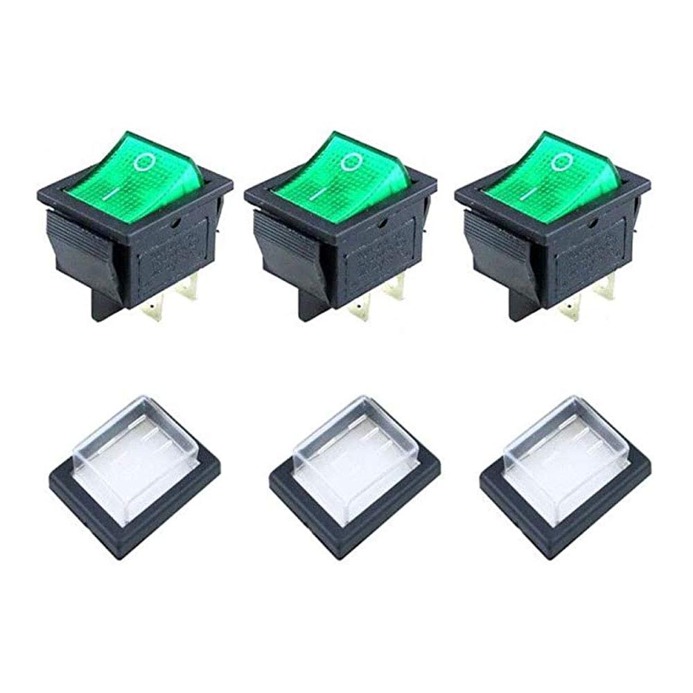JINXIAN 3Pcs ON-Off Rocker Switch DPS 4 Pin Green Light AC 250V 16A 125V 20A with Waterproof Cover，for Electrical Products…