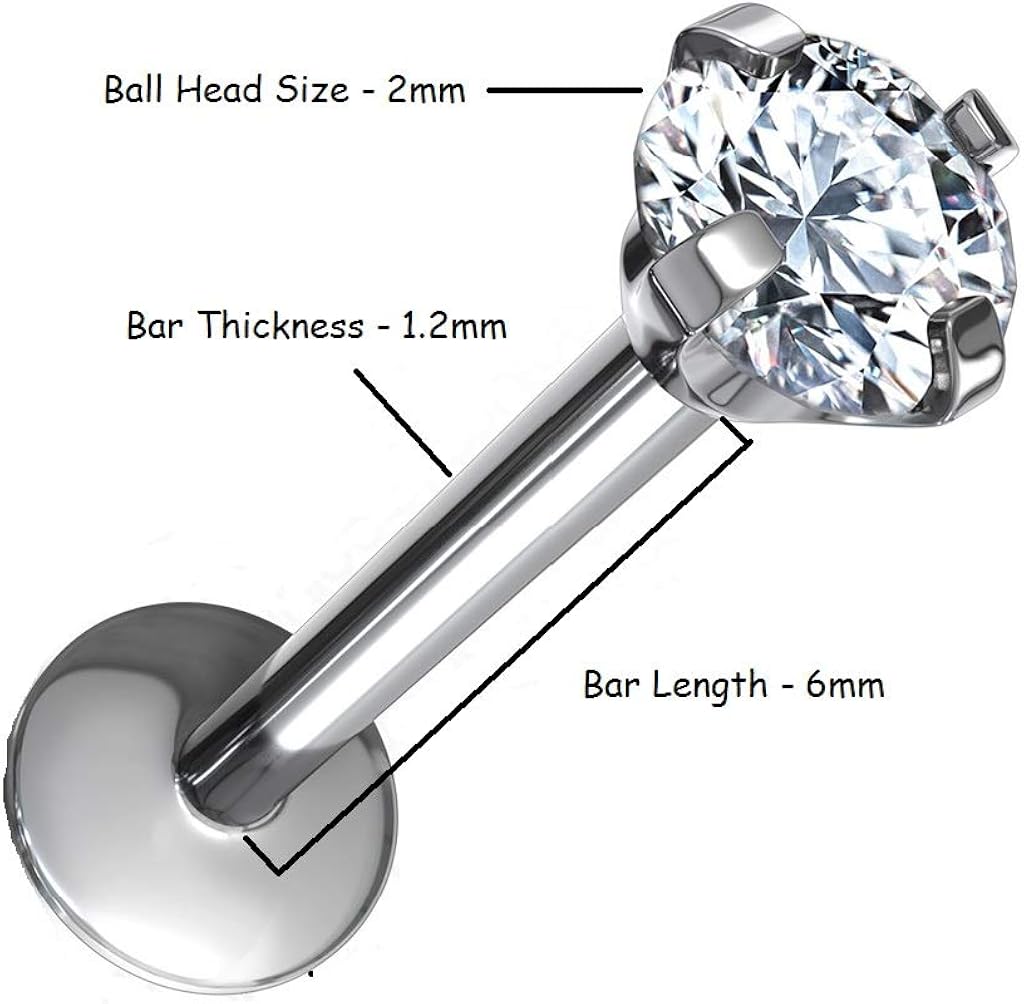 PiercedOff 1.2mm Titanium Labret with 2mm Clear CZ Gem - Length 6mm, Steel, 6mm with 2mm gem - Image 3