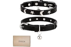 CHUKCHI Leather Cat Collars for Boy Girl Cats with Bell and Safety Elastic Belt, Personalized Star and Moon Stud Adjustable Safe Buckle Collar for Kitty Small Big Cats Size 8-12 InchRose (Black)