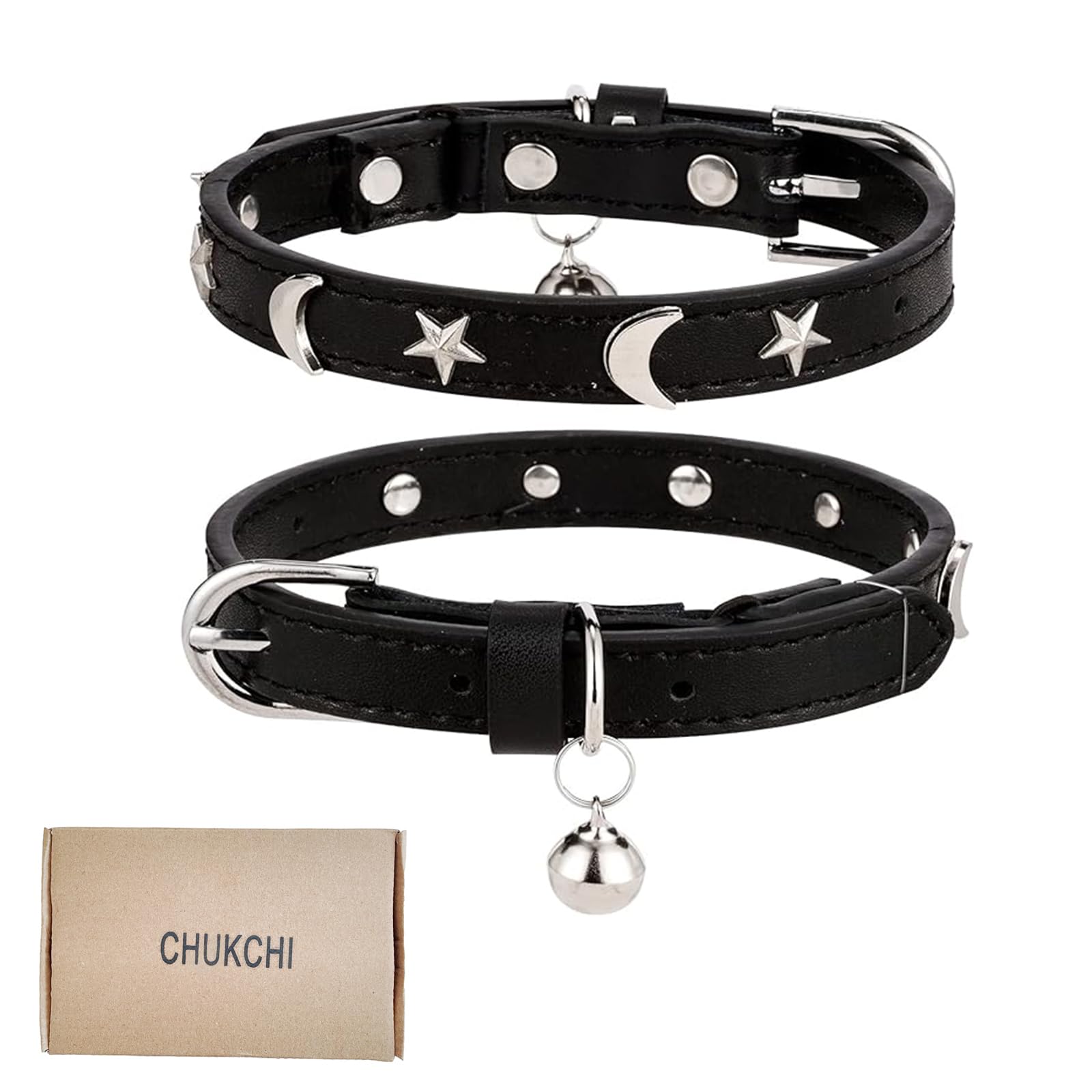Photo 1 of *** 1 missing*** CHUKCHI Leather Cat Collars for Boy Girl Cats with Bell and Safety Elastic Belt, Personalized Star and Moon Stud Adjustable Safe Buckle Collar for Kitty Small Big Cats Size 8-12 InchRose (Black)