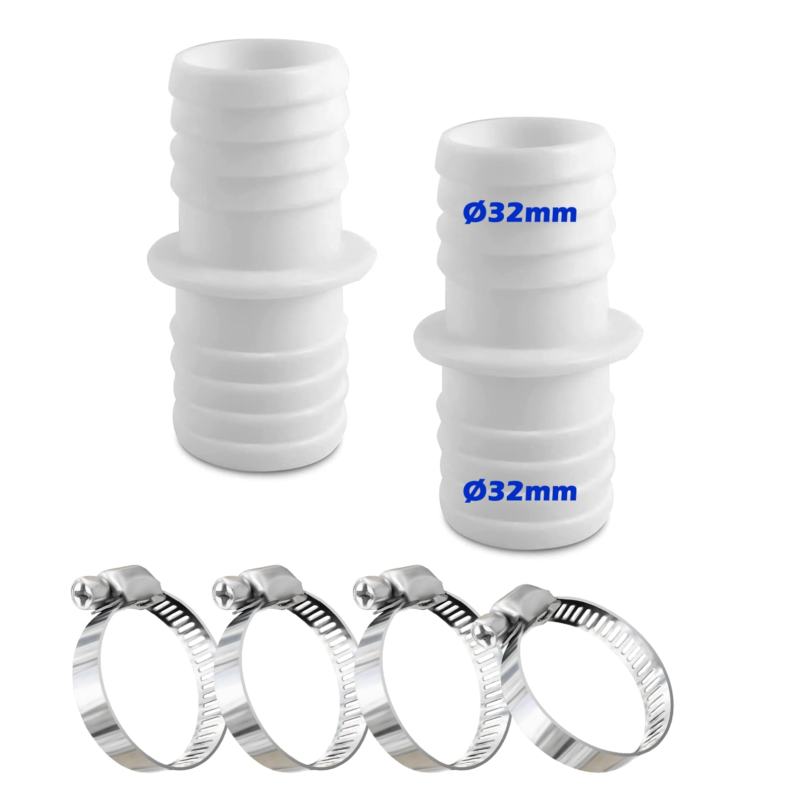 Rhsemi Stainless Steel Hose Clamps (4 Pack) & Polypropylene Hose Connector (2 Pieces) - 32mm, White