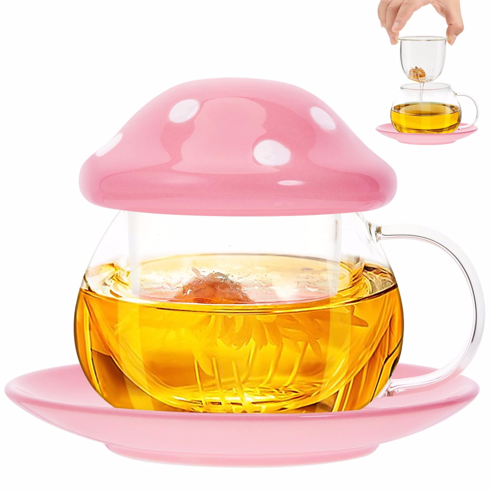 TUHNHGD Mushroom Mug, Mushroom Cup, Tea Cup with Infuser, Glass Coffee Cups, with Coaster. Cup Lid. Tea Strainer, 290ml (Pink)