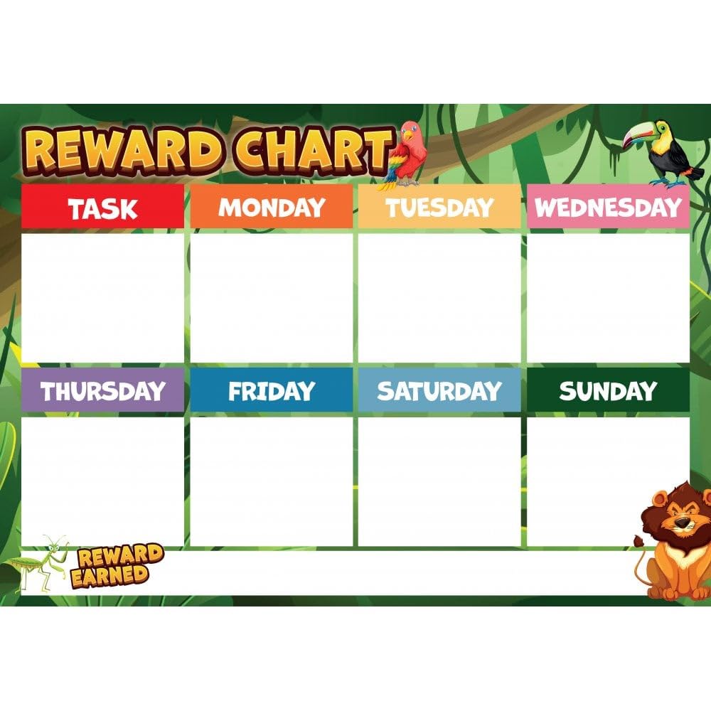 Magnetic Reward Chart for Children, Kids, Toddlers, Boys and Girls with Jungle Theme and Colourful Star Magnets for Inspiring, Promoting and Recognising Good Behaviour