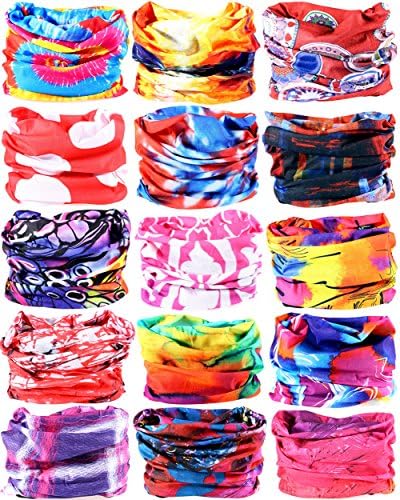 6PCS/15PCS 16-in-1 Multifunctional Headwear yoga Sports Stretchable Casual Headband Seamless Uv Solid Moisture Neckwarmer Headwrap Mask Bandana Scarf (15PCS-Rlines)