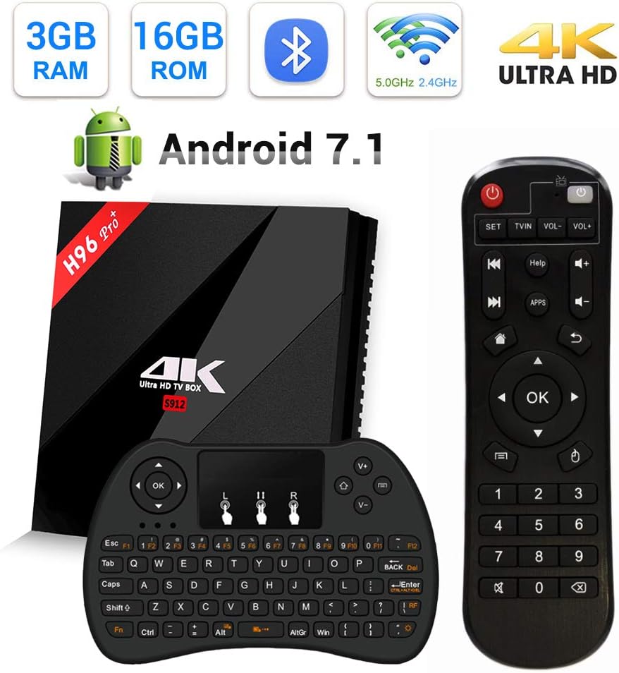 H96 Pro Plus Android 7.1 TV Box with Newest Amlogic S912 Octa-Core 64Bits CPU, 3GB RAM 16GB ROM, Support 4K Ultra HD H.265 2.4G/5G Dual WiFi Smart Set Top Box with Wireless Keyboard