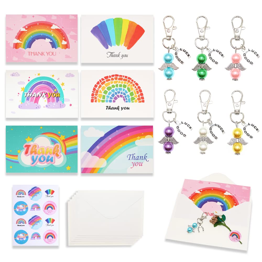 BITEYI Thank You Card Keychain set,6 Greeting Cards with Envelopes 6 Keyring 12 Sticker 12 Handmade Flowers,Gifts of Thanks for Colleagues Teachers Parents Friends (Rainbow)