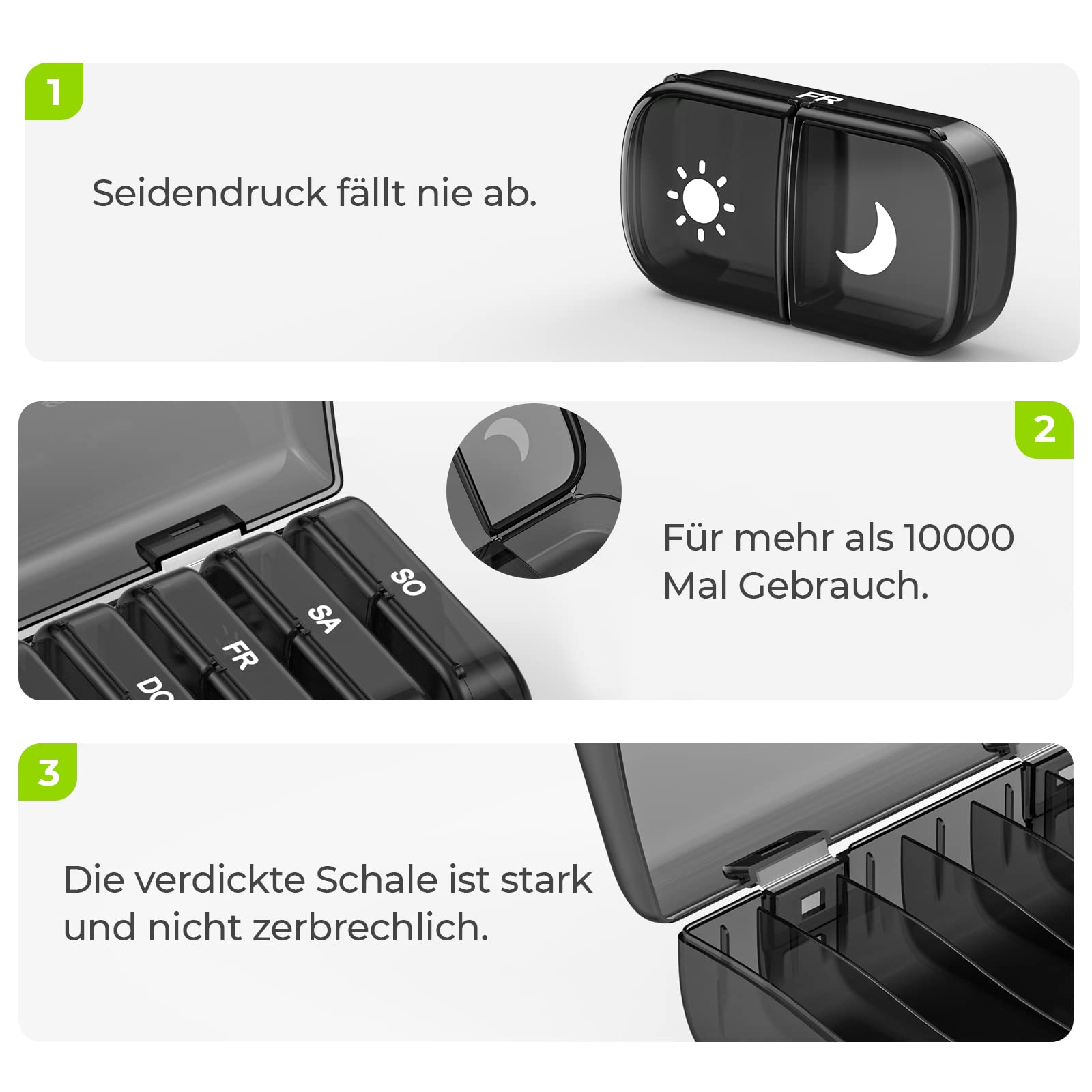 AUVON Tablettenbox 7 Tage Morgens Abends, Handlicher Medikamentenbox Pillendose mit großen Fächern & Privacy-Schutz in Schwarz - Ideal für Medikamente, Vitamine, Fischöl & Nahrungsergänzungsmittel 3