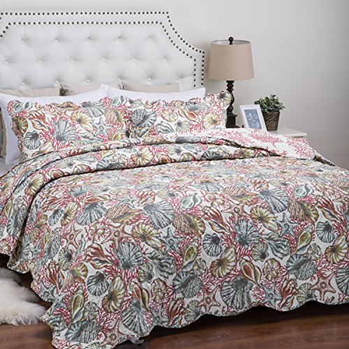 Printed Quilt Coverlet Set King(106"x96") Coral Multi Coastal Pattern Lightweight Hypoallergenic Microfiber "S