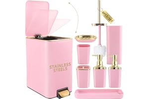 XLHOMO Pink Bathroom Accessories Set 8 Piece Pink and Gold Bathroom Set, Bathroom Sets with Stainless Steel Trash Can,Toilet Brush,Toothbrush Set,Soap Dispenser
